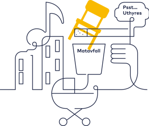 Bostadsrättsförening med barnvagnsförråd och sopsortering. Illustration.